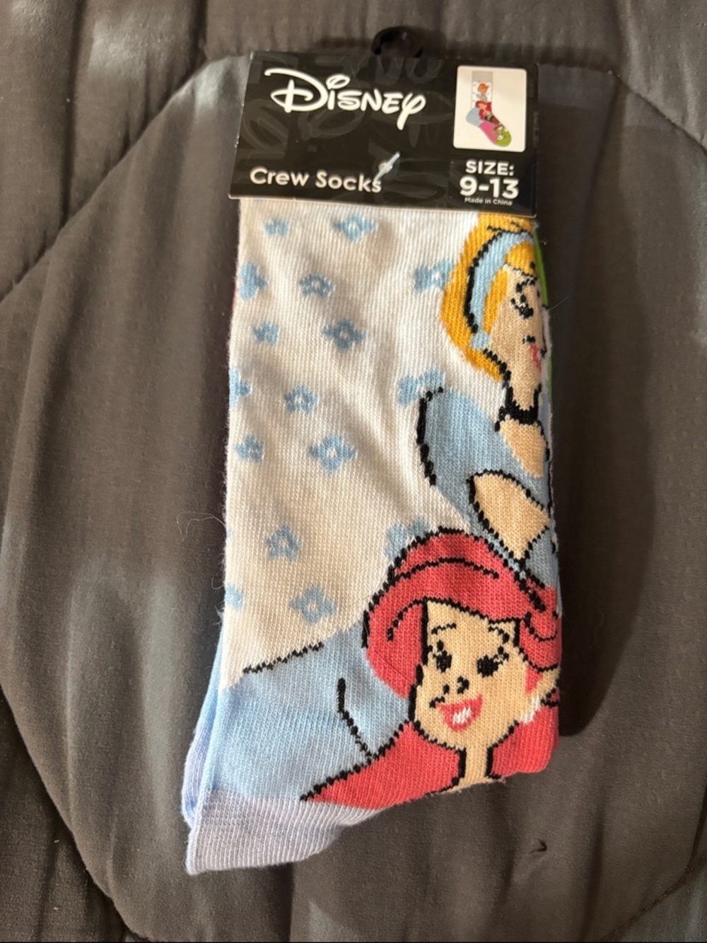 Disney Women’s Crew Socks - Cinderella & Ariel Print, Light Blue/White